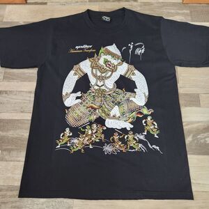 Vintage Thai Mythology Hanuman Transform Textured Black Art T-Shirt Size Large